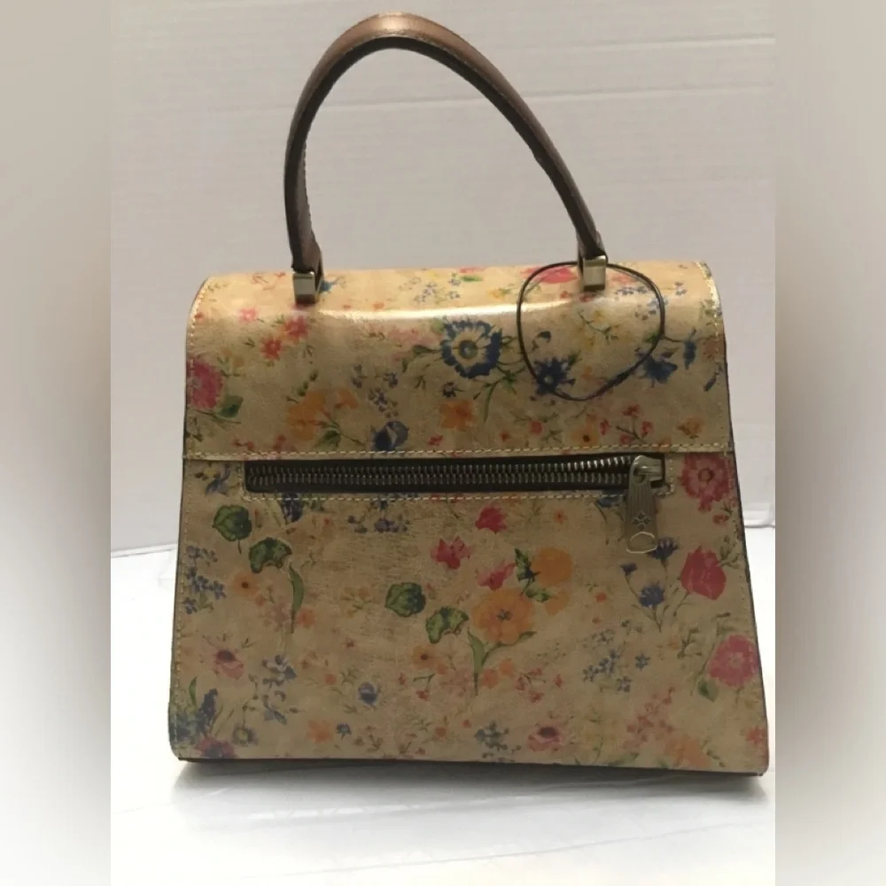 Floral Print Top-Handle Bag in Beige with Gold Hardware